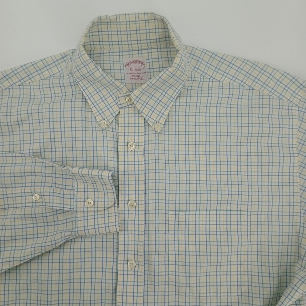 Brooks Brothers 1818 Non-Iron Supima Cotton Shirt white Blue Yellow check Sz  L